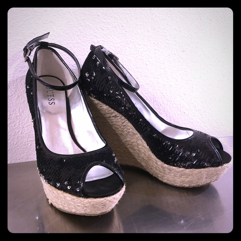 Guess Black Sequined Wedges with Ankle Straps